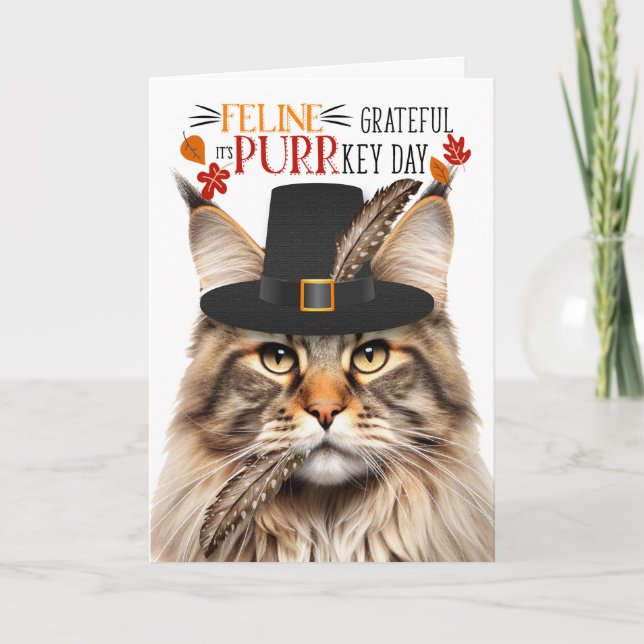 Cartes Pour Fêtes Annuelles Maine Coon Tabby Cat Grateful pour PURRkey Day (Devant)