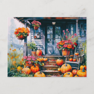 Cartes Pour Fêtes Annuelles Maison de campagne avec Citrouilles et fleurs Hall