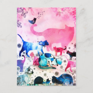 Cartes Pour Fêtes Annuelles Maison de Fête de Chat Paillettes Art Rose Aquarel
