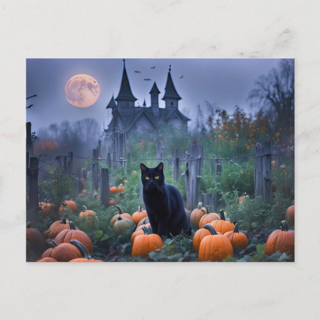 Cartes Pour Fêtes Annuelles Maison éffrayante hantée Chat noir Citrouilles (Devant)