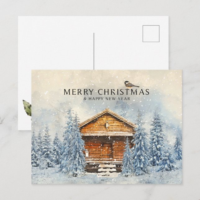 Cartes Pour Fêtes Annuelles Maison en bois d'hiver et pin (Devant / Derrière)