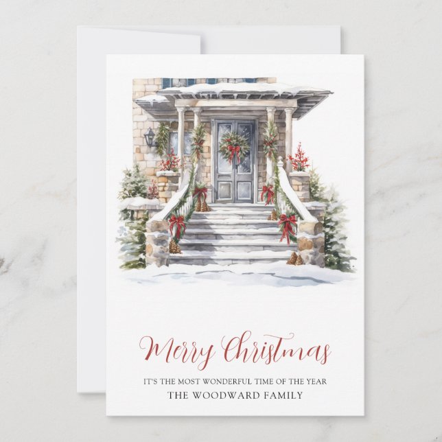 Cartes Pour Fêtes Annuelles Maison en pierre de Noël à l'aquarelle (Devant)