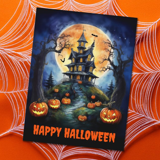 Cartes Pour Fêtes Annuelles Maison hantée d'Halloween avec Citrouilles (Créateur téléchargé)