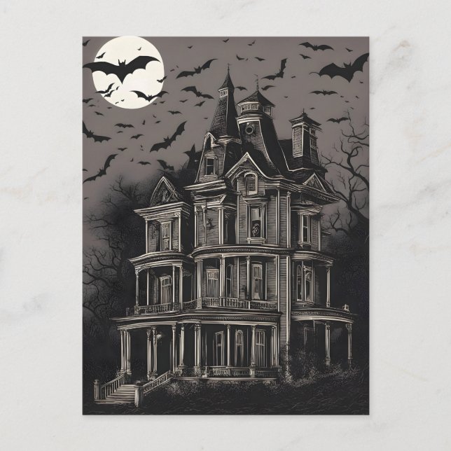 Cartes Pour Fêtes Annuelles Maison hantée Éffrayante avec chauves-souris volan (Devant)