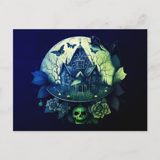 Cartes Pour Fêtes Annuelles Maison hantée gothique verte et violette (Devant)
