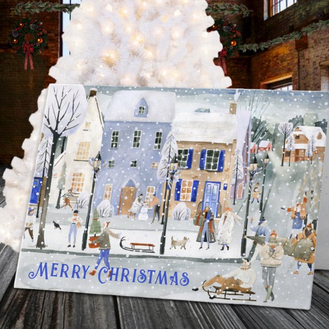 Cartes Pour Fêtes Annuelles Maisons de village nordique Snowy Fréquentées Noël (Snowy Nordic Village Houses Busy Christmas Winter Holiday Card)