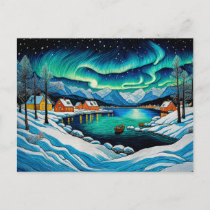 Cartes Pour Fêtes Annuelles Majestic Aurora Borealis au-dessus du fjord d'hive