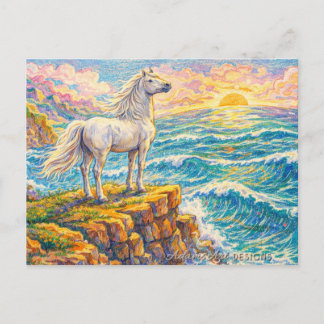 Cartes Pour Fêtes Annuelles Majestic White Horse at Ocean Sunset Cliff