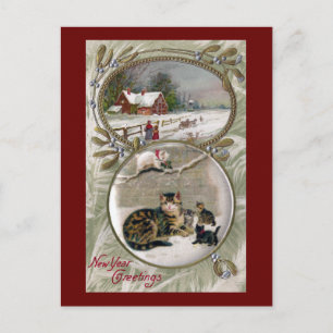 Cartes Pour Fêtes Annuelles Mama Chat et chatons Nouvel An Vintage