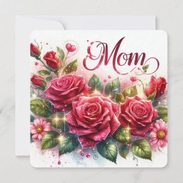 Cartes Pour Fêtes Annuelles Maman Roses Rouges Étincelantes (Devant)