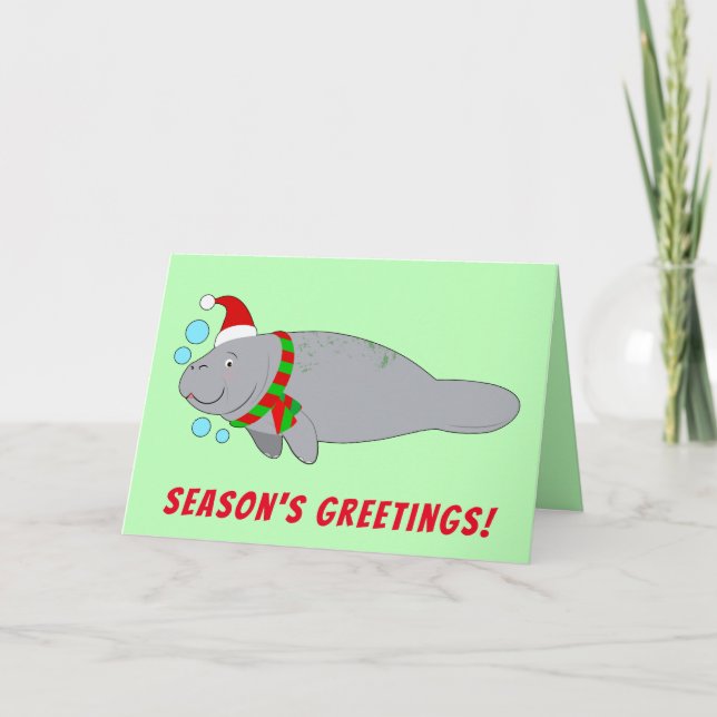 Cartes Pour Fêtes Annuelles Manatee à Santa Hat et Bonnes Fêtes d'écharpe (Devant)