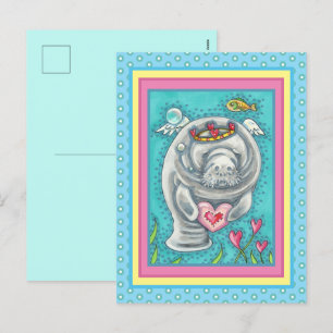 CARTES POUR FÊTES ANNUELLES MANATEE CUPID, BUBBLES & COEURS COLORÉ VALENTINE