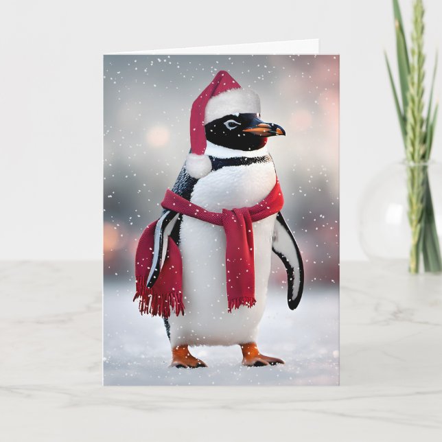 Cartes Pour Fêtes Annuelles Manchot de Noël avec bonnet de Père Noël (Devant)