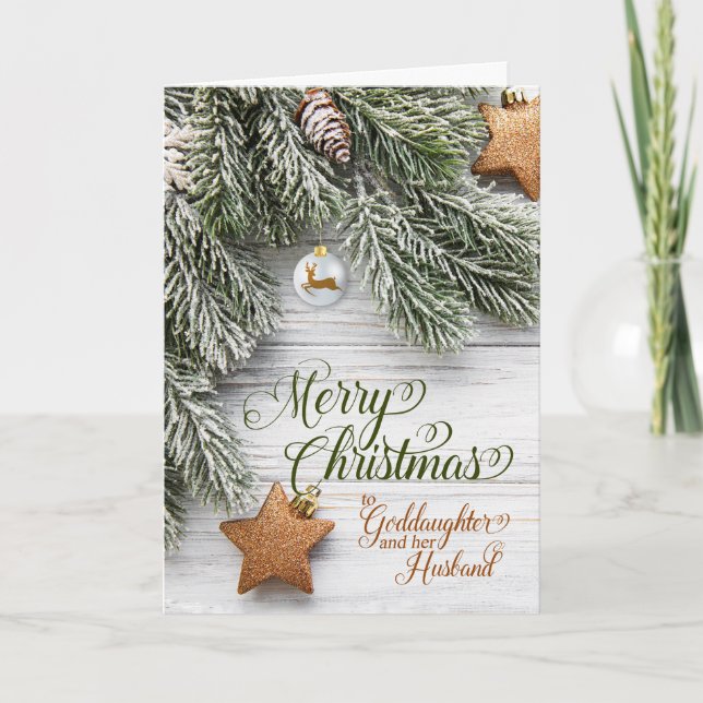 Cartes Pour Fêtes Annuelles Mari et filleule Noël enneigé Pins et Étoiles (Devant)