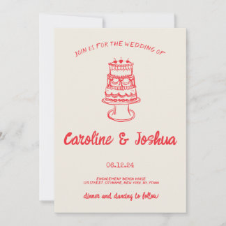 Cartes Pour Fêtes Annuelles Mariage moderne de gâteau rouge quirky tiré à main