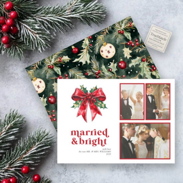 Cartes Pour Fêtes Annuelles Marié & Bright Red Bow Holly Newlyly 3 Photo (Créateur téléchargé)