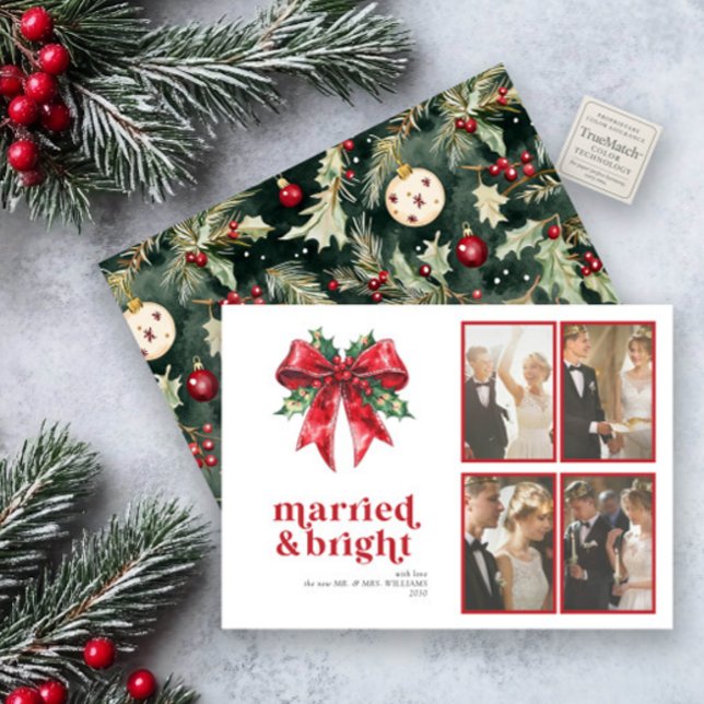 Cartes Pour Fêtes Annuelles Marié & Bright Red Bow Holly Newlyly 4 Photo (Créateur téléchargé)