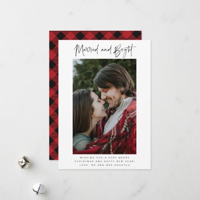 Cartes Pour Fêtes Annuelles Marié et brillant Photo Plaid Noël de mariée (Devant/Arrière en situation)
