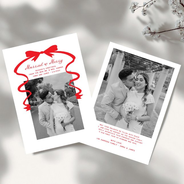 Cartes Pour Fêtes Annuelles Marié et Joyeux Bow Photo Noël Nouveaux mariés (Créateur téléchargé)