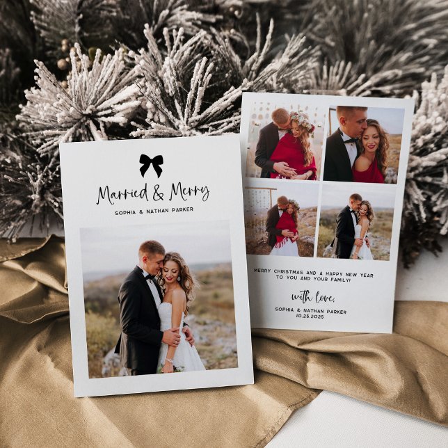 Cartes Pour Fêtes Annuelles Marié et Joyeux | Chic Coquette Bow avec photo (Créateur téléchargé)