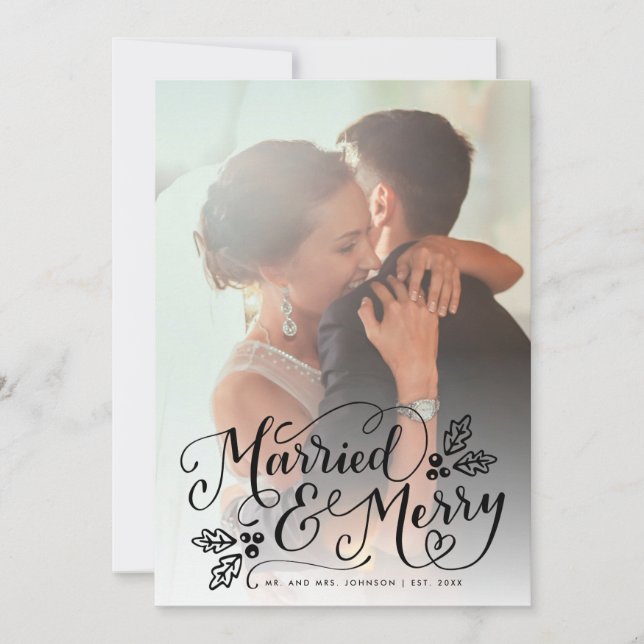 Cartes Pour Fêtes Annuelles Marié et Joyeux Chic Main Lettré Photo Blanc (Devant)