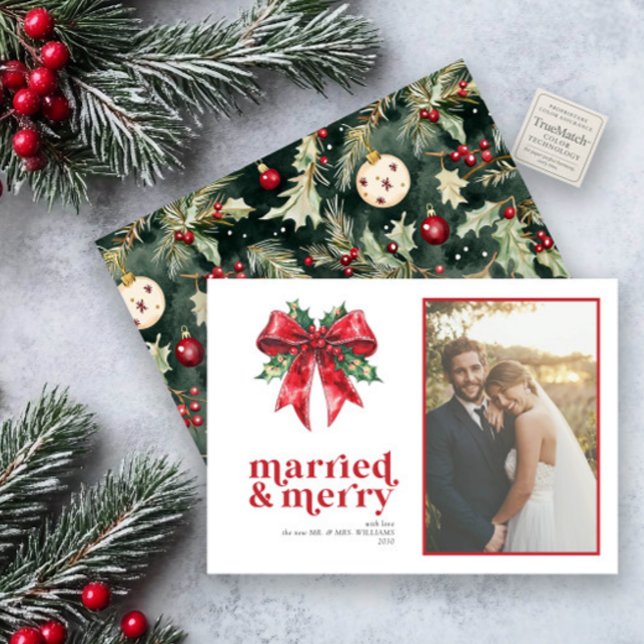 Cartes Pour Fêtes Annuelles Marié & Joyeux Red Bow Holly photo nouvellement ma (Créateur téléchargé)