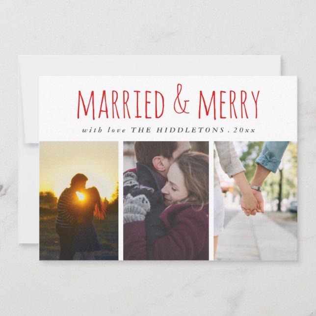 Cartes Pour Fêtes Annuelles Marié & Joyeux Script rouge Trois vacances photo (Devant)