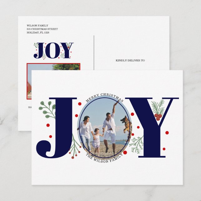 Cartes Pour Fêtes Annuelles Marine bleu Joie avec baies photo de Noël (Devant / Derrière)