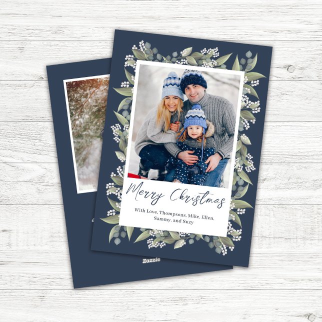 Cartes Pour Fêtes Annuelles Marine Bleu Joyeux Noël Floral Photo (Merry Christmas Holiday photo card. )
