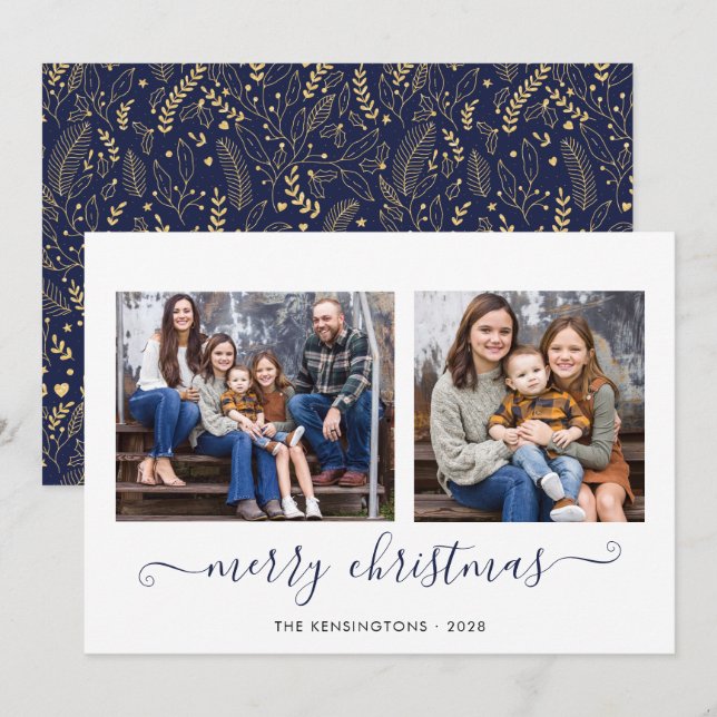 Cartes Pour Fêtes Annuelles Marine Blue Gold Simple Script Joyeux Noël Photo (Devant / Derrière)