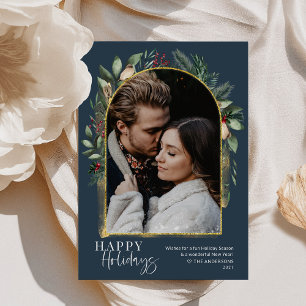 Cartes Pour Fêtes Annuelles Marine Green Gold Arch Script tendance Photo