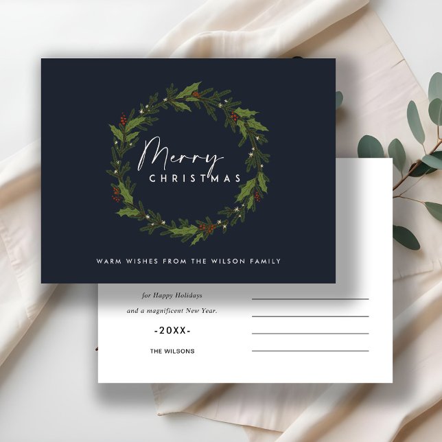 CARTES POUR FÊTES ANNUELLES MARINE MODERNE HOLLY BERRY WREATH MERRY NOËL (Créateur téléchargé)