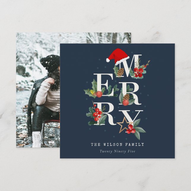 Cartes Pour Fêtes Annuelles Marine Rouge Vert Blanc Joyeux Noël Feuillage Phot (Devant / Derrière)