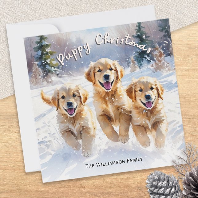 Cartes Pour Fêtes Annuelles Marionnettes Golden Retriever dans neige chiot Noë (A cute personalized Christmas card with picture of 3 Golden Retriever puppies running through snow)
