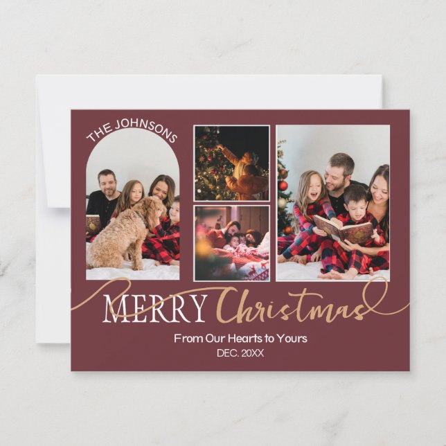 Cartes Pour Fêtes Annuelles Maroon Rouge or Script Noël Collage moderne (Devant)