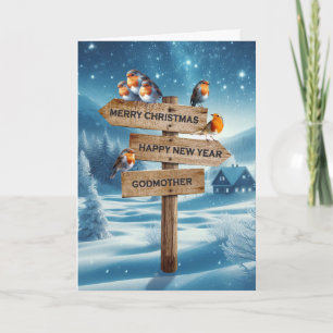 Cartes Pour Fêtes Annuelles Marraine Noël Rouge-gorges sur un Panneau Indicate