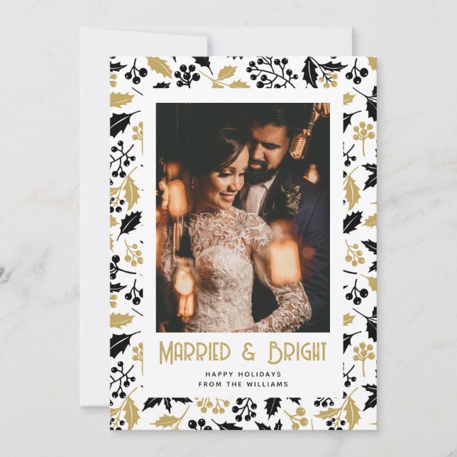 Cartes Pour Fêtes Annuelles Married and Bright Black Gold Photo Christmas Card (Devant)