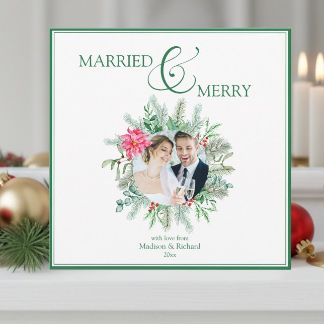 Cartes Pour Fêtes Annuelles Married and Merry Newlywed Christmas (elegant married and merry our first married christmas card for newlywed couples)