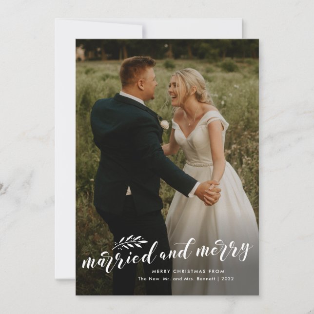 Cartes Pour Fêtes Annuelles Marry et Joyeux Script Mariage Photo Noël (Devant)