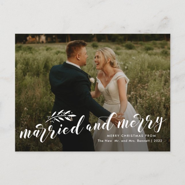 Cartes Pour Fêtes Annuelles Marry et Joyeux Script Mariage Photo Noël (Devant)