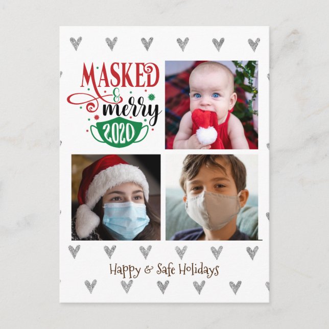 Cartes Pour Fêtes Annuelles MASKED & MERRY 2020 | 3 photo collage fun (Devant)