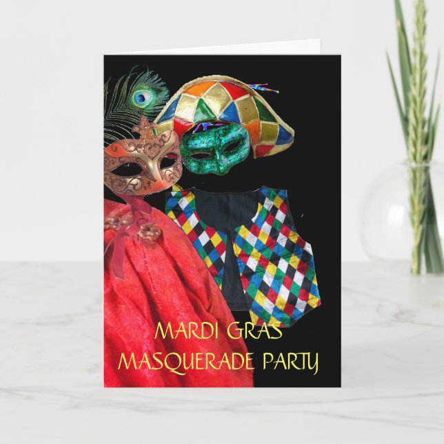 CARTES POUR FÊTES ANNUELLES MASQUES MASQUÉRADE MARDI GRAS, COSTUME HARLEQUIN (Devant)