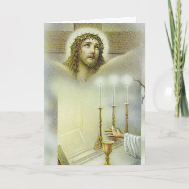 Cartes Pour Fêtes Annuelles Masse Crucifix Offrant Chalice Candles Prêtre (Devant)