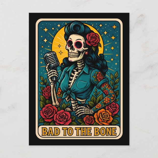 Cartes Pour Fêtes Annuelles Mauvais à Bone Retro Squelette chanteur (Devant)