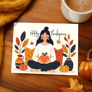 Cartes Pour Fêtes Annuelles Méditation d'automne cosy Femme Citrouille Thanksg