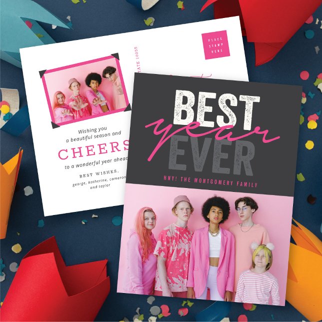 Cartes Pour Fêtes Annuelles Meilleure année écriture manuscrite Script Photo m (Fuchsia Hot Pink Best Year Ever Handwriting Script Modern Photo Holiday Postcard @ fat_fa_tin)