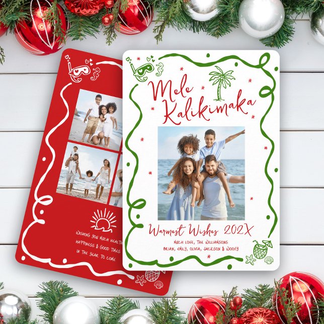 Cartes Pour Fêtes Annuelles Mele Kalikimaka 5 Photo Red Green Doodle Christmas (Créateur téléchargé)