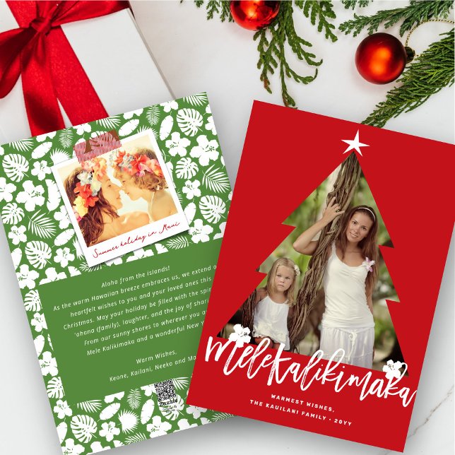 Cartes Pour Fêtes Annuelles Mele Kalikimaka Arbre de Noël coupé Photo rouge (Créateur téléchargé)
