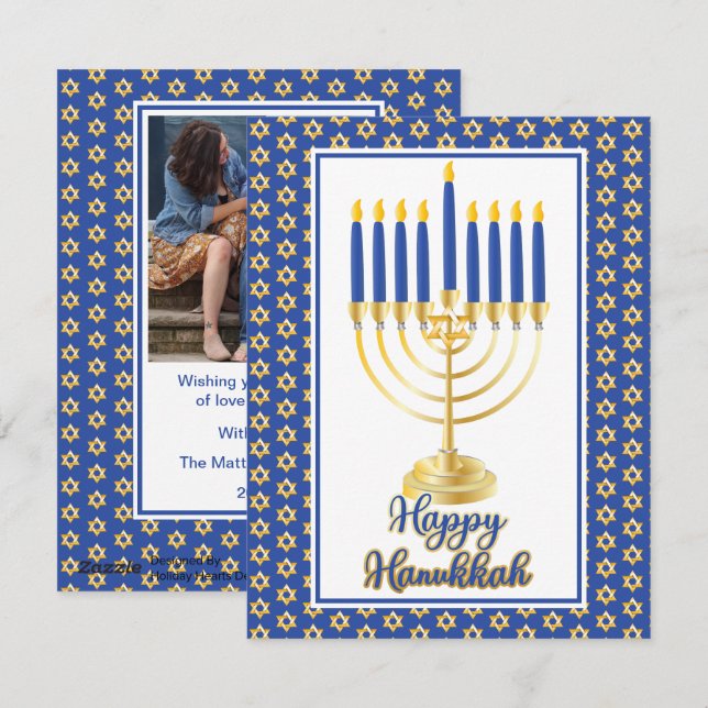 Cartes Pour Fêtes Annuelles Menorah avec lumières Happy Hanoukka Family Photo (Devant / Derrière)