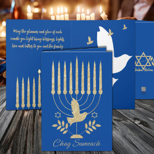 Cartes Pour Fêtes Annuelles Menorah élégant en or Colombe volante Hanoucca ble